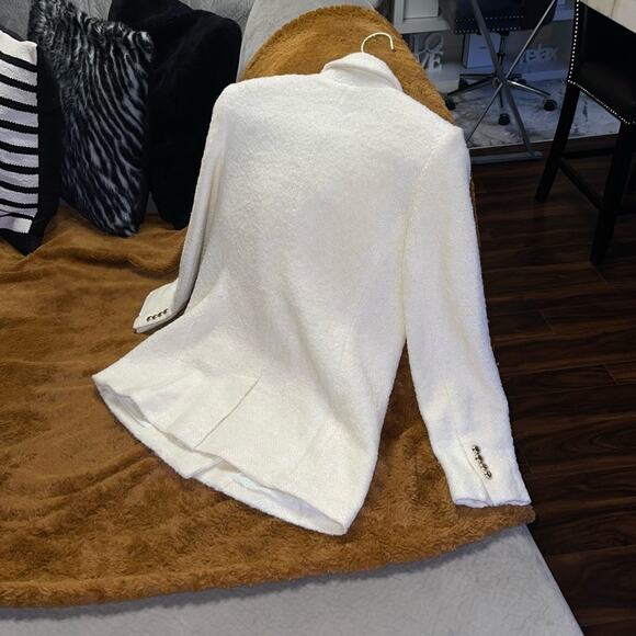 Express Wool-Blend Double Breasted Novelty Button Blazer in Ivory & Gold - Picture 13 of 17